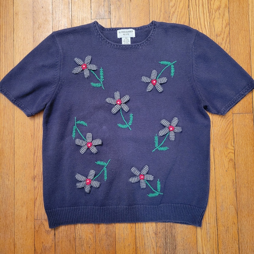 Alfred Dunner PM Navy Blue Short Sleeve Floral Applique‎ Knit Sweater Cottage